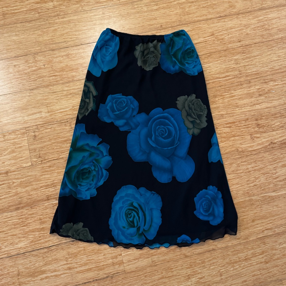 Vintage Clio black midi skirt with blue green rose pattern